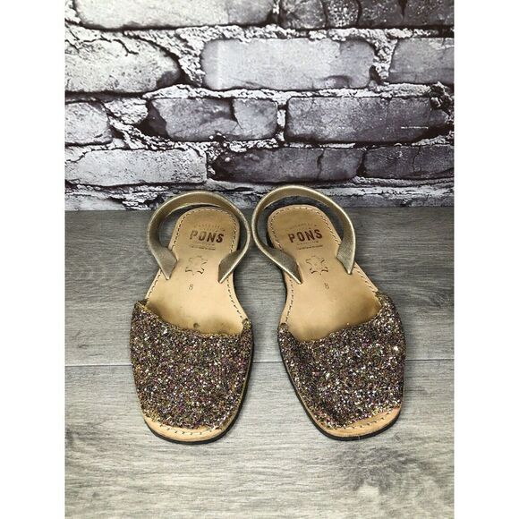 Pons Glitter Leather Casual Peep Toe Slingback Flats Sandals Women Sz 8M US/39EU - Picture 2 of 14